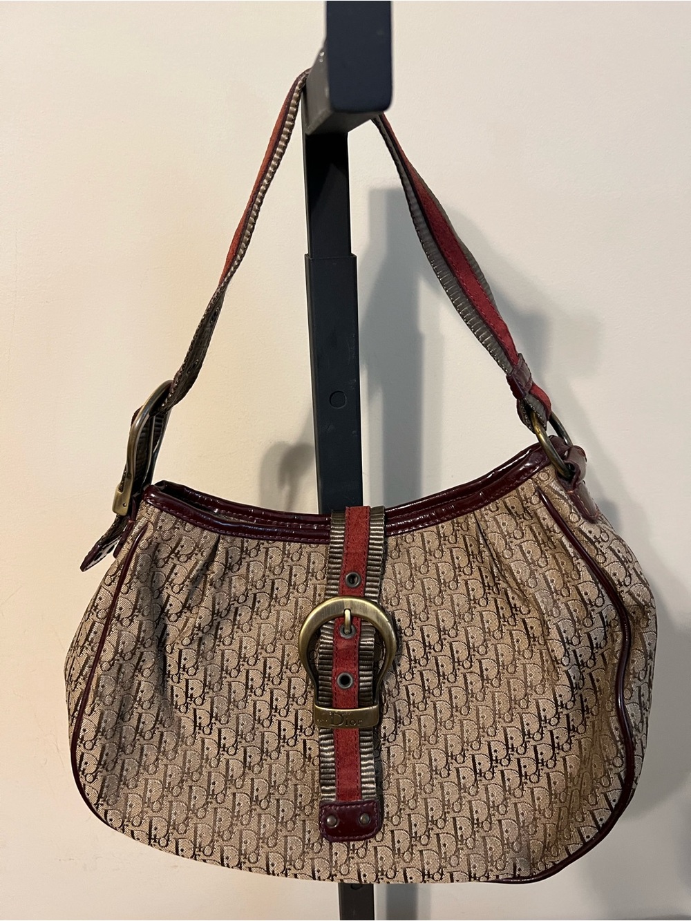 Dior Beige Monogram Shoulder Bag with Burgundy Trim